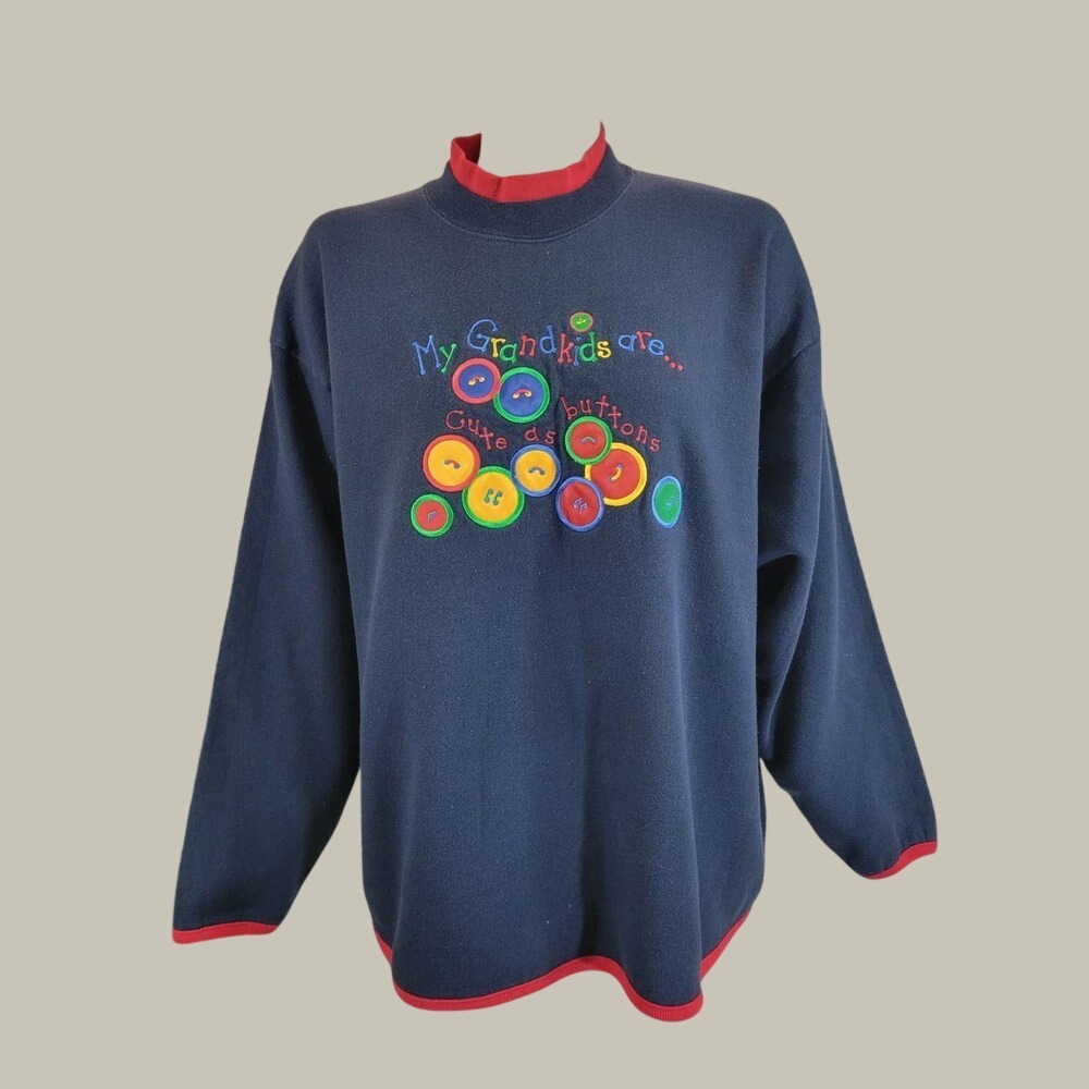 MC Energy Navy Sweatshirt Vtg Grandma Core My Grandkids Are Cute as Button XL